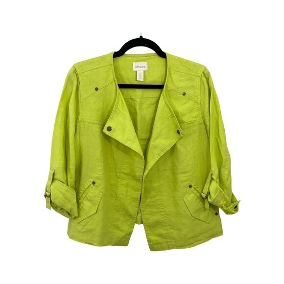 Chico's Roll Tab Sleeves with Buckle Drape Front Easy Linen‎ Jacket Green XS/4 - Picture 1 of 6